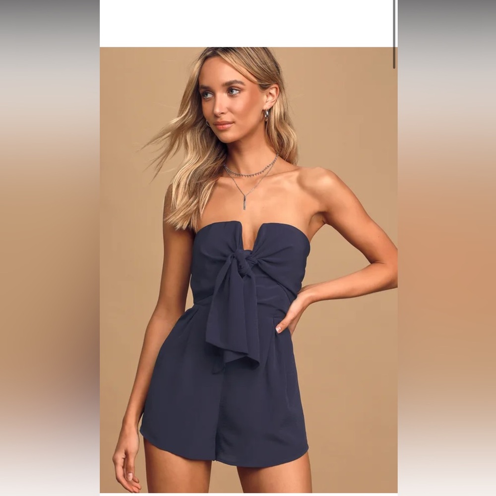 Lulu's Blue Strapless Romper with Bow Detail